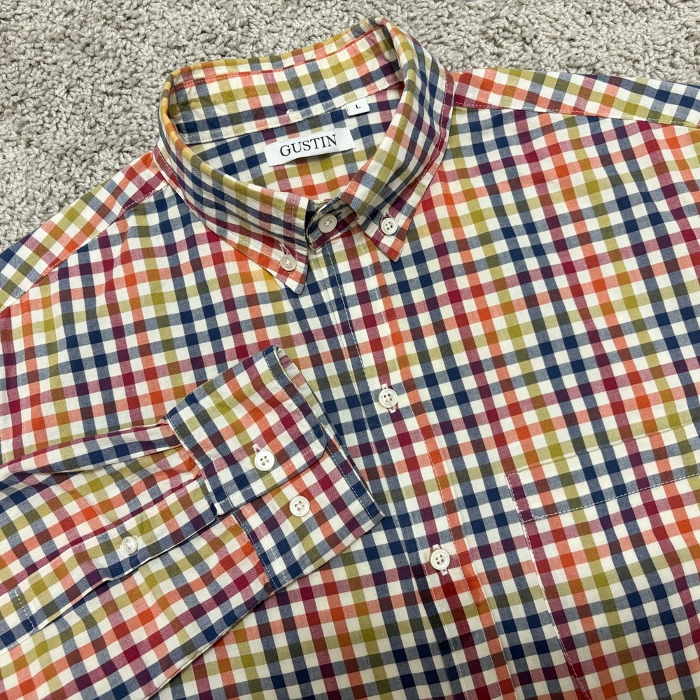 Gustin Shirt Gingham Check Button Down Long Sleeves 100% Cotton USA Men Large